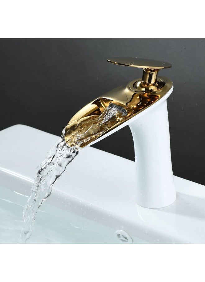 Leekayer - Waterfall Bathroom Faucet 1 Hole Mount Hot Cold Basin Mixer Tap Single Lever Brass Faucet White Gold Finish Commercial Toilet Faucet,LK61106WG - Image 1