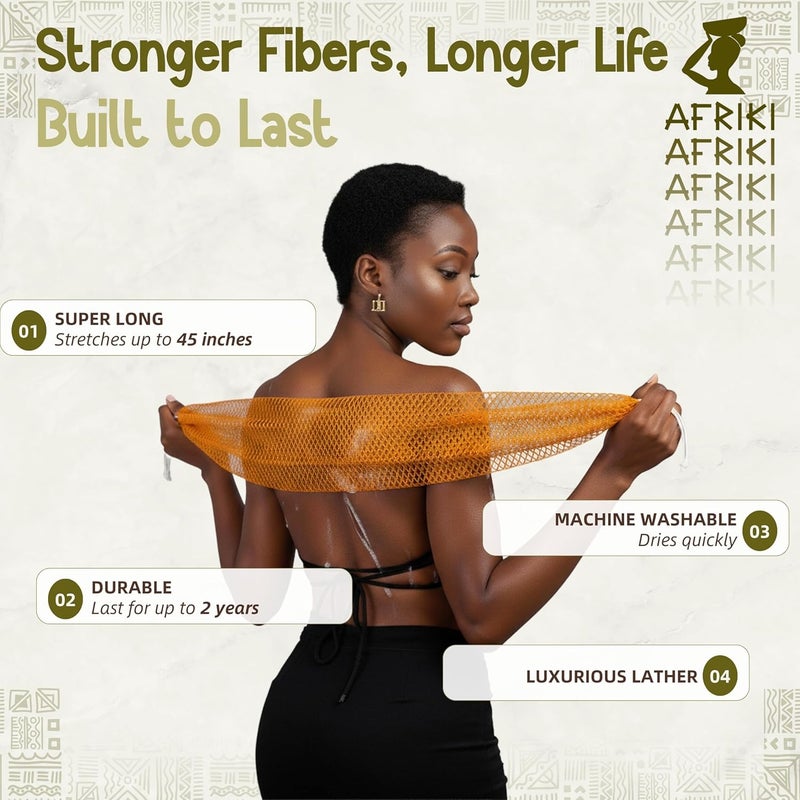 AFRIKI إسفنجة الشبكة الأفريقية من أفريقي – مقشر الجسم، مملوكة للسود ومتجذرة في أفريقيا، لجميع أنواع البشرة | طول 45 بوصة (أخضر عسكري) - Image 3