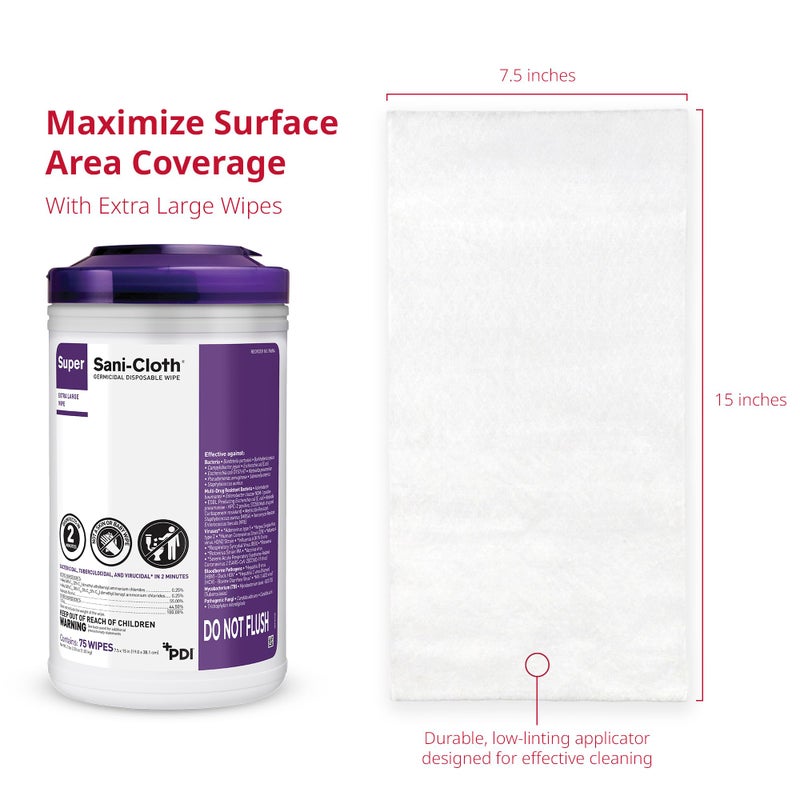 PDI Super Sani- Cloth Germicidal Disposable Wipe, X-Large 5'' x 8'' Wipe, Pop Up Dispenser of 65 - Image 4