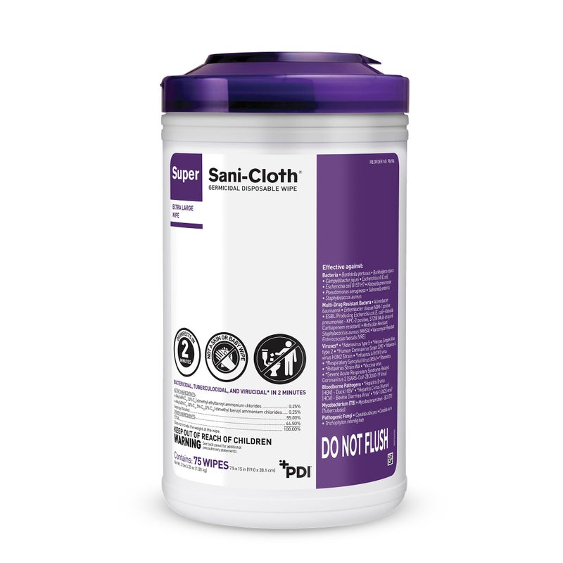 PDI Super Sani- Cloth Germicidal Disposable Wipe, X-Large 5'' x 8'' Wipe, Pop Up Dispenser of 65 - Image 1