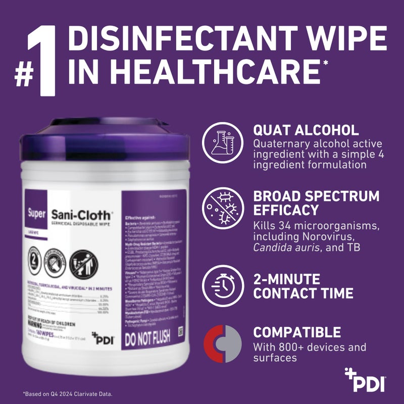 PDI Super Sani- Cloth Germicidal Disposable Wipe, X-Large 5'' x 8'' Wipe, Pop Up Dispenser of 65 - Image 3