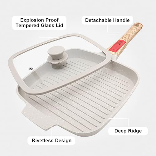 RANX INGST Griddle Pan with Lid, 10 Inch Cast Aluminium Non Stick Steak Pan with Detachable Handle for Induction Hob, White - Image 2