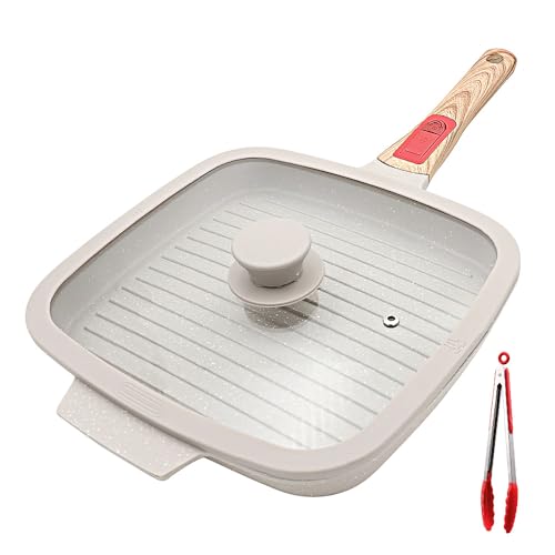RANX INGST Griddle Pan with Lid, 10 Inch Cast Aluminium Non Stick Steak Pan with Detachable Handle for Induction Hob, White - Image 1