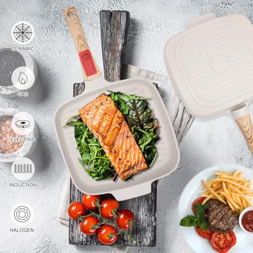 RANX INGST Griddle Pan with Lid, 10 Inch Cast Aluminium Non Stick Steak Pan with Detachable Handle for Induction Hob, White - Image 4