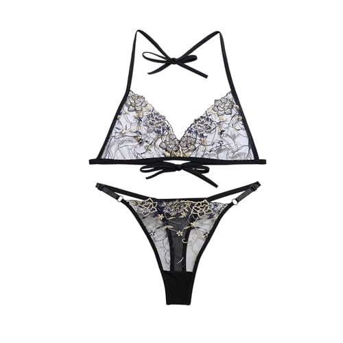 GirlFriend Women Lingerie Set Lace Teddy Strap Embroidery Bikini Bodysuit Lingerie Embroidery Bra Panty Set for Girl Women (Black, M) - Image 4