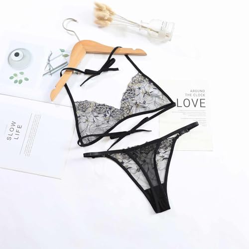GirlFriend Women Lingerie Set Lace Teddy Strap Embroidery Bikini Bodysuit Lingerie Embroidery Bra Panty Set for Girl Women (Black, M) - Image 5