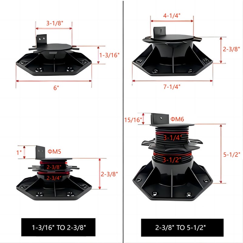 BGTLGIO 12Pack Adjustable Deck Support Pedestal - Base Support for Floating Deck Platform, Adjusts 1-3/16" to 2-3/8", Black - Image 2