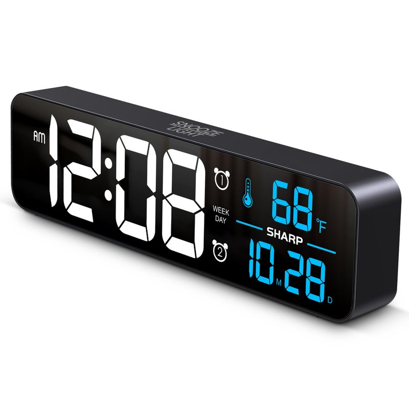 SHARP ساعة منبه رقمية كبيرة العرض لشرفة المعيشة والمكتب وغرفة النوم مع عرض التاريخ ودرجة الحرارة الداخلية وإعدادات منبه عطلة نهاية الأسبوع وأيام الأسبوع ووظيفة خافتة بخمس خطوات
