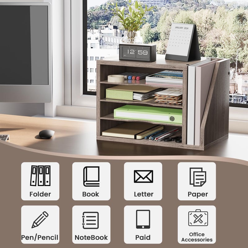 Creso hom File Organizer Desktop, Wood Desk Organizer with 3 Adjustable Shelves, Mail Paper Sorter for Office, Home, File Holders for Envelopes, Mail Supplies or Magazines, Greige - Image 5