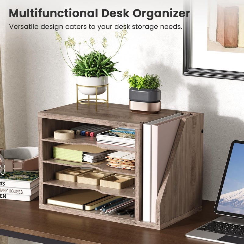 Creso hom File Organizer Desktop, Wood Desk Organizer with 3 Adjustable Shelves, Mail Paper Sorter for Office, Home, File Holders for Envelopes, Mail Supplies or Magazines, Greige - Image 2