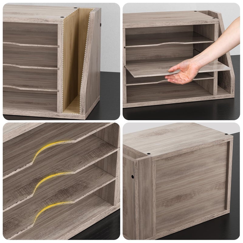 Creso hom File Organizer Desktop, Wood Desk Organizer with 3 Adjustable Shelves, Mail Paper Sorter for Office, Home, File Holders for Envelopes, Mail Supplies or Magazines, Greige - Image 4