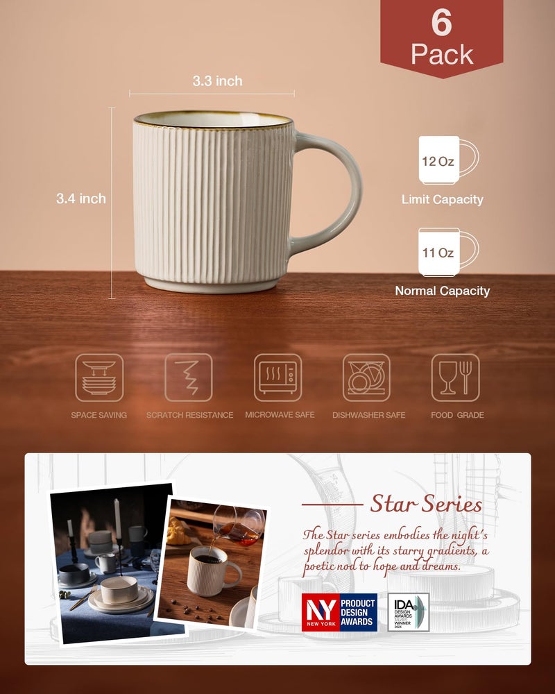 famiware Coffee Mug Set for 6, Star 12 oz Catering Mugs Cup Set with Handle for Coffee, Tea, Cocoa, Milk - Ceramic Stoneware Drinkware Set, White - Image 4