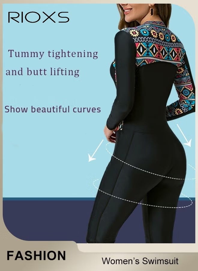 ريوكس ملابس سباحة للنساء قطعة واحدة، غطاء طويل الواقي من الأشعة فوق البنفسجية الحماية ملابس سباحة، ملابس استحمام مطبوعة للنساء، ملابس تحكم بطانة مقدمة ملابس سباحة، أزياء سباحة السيدات، ملابس سباحة ركوب الأمواج للنساء - Image 3