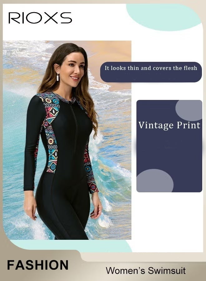 RIOXS Women's One Piece Rash Guard Swimsuit, Long Sleeve Boyleg Sun UV Protection Swimwear for Ladies, Printed Modest Bathing Suits, Tummy Control Zip Front Wetsuit, Ladies Sport Swimsuit Surfing Swimwear for Swimming, Surfing, Diving, Wakeboarding, Snorkeling and Beach Vacations - Image 4