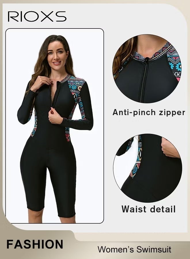 RIOXS Women's One Piece Rash Guard Swimsuit, Long Sleeve Boyleg Sun UV Protection Swimwear for Ladies, Printed Modest Bathing Suits, Tummy Control Zip Front Wetsuit, Ladies Sport Swimsuit Surfing Swimwear for Swimming, Surfing, Diving, Wakeboarding, Snorkeling and Beach Vacations - Image 3
