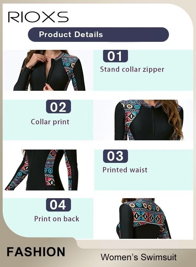 RIOXS Women's One Piece Rash Guard Swimsuit, Long Sleeve Boyleg Sun UV Protection Swimwear for Ladies, Printed Modest Bathing Suits, Tummy Control Zip Front Wetsuit, Ladies Sport Swimsuit Surfing Swimwear for Swimming, Surfing, Diving, Wakeboarding, Snorkeling and Beach Vacations - Image 2