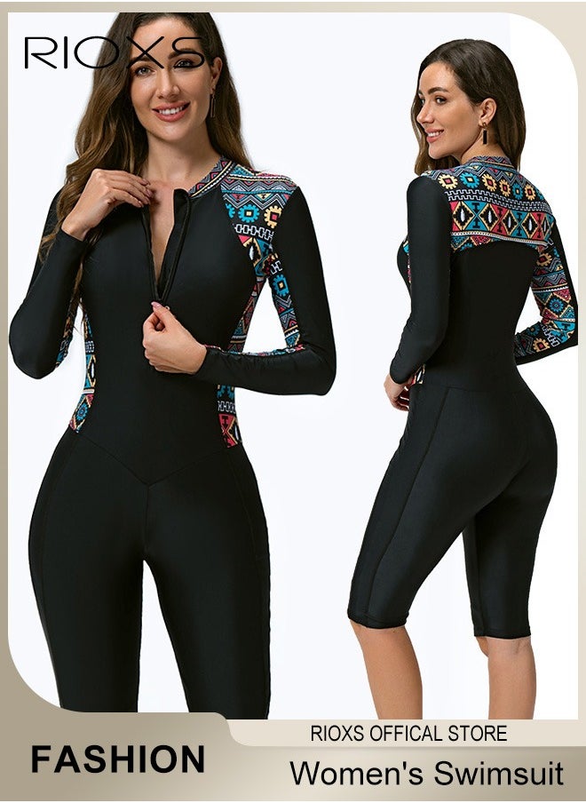 RIOXS - Womens One Piece Swimsuit, Long Sleeve Rash Guard UV Protection Swimwear, Printed Bathing Suits For Women,Tummy Control Zip Front Wetsuit,Ladies Swimming Costume Set,Woman Surfing Swimwear - Image 1