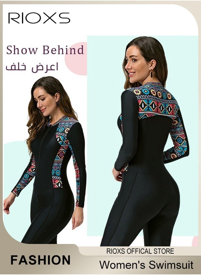RIOXS - Womens One Piece Swimsuit, Long Sleeve Rash Guard UV Protection Swimwear, Printed Bathing Suits For Women,Tummy Control Zip Front Wetsuit,Ladies Swimming Costume Set,Woman Surfing Swimwear - Image 1