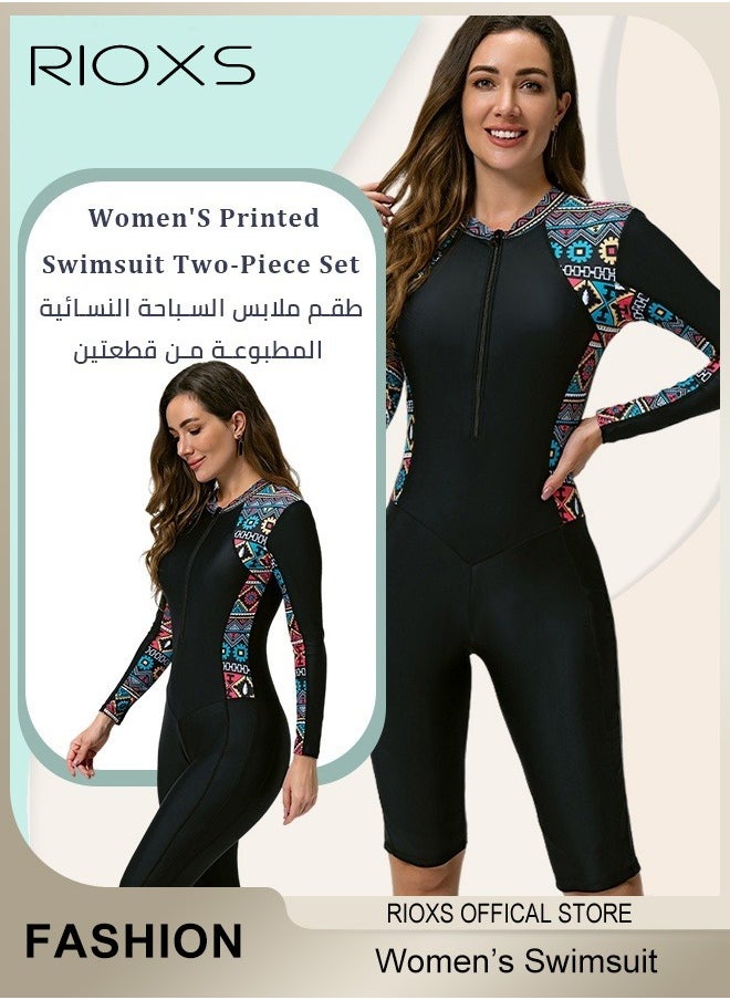 RIOXS - Womens One Piece Swimsuit, Long Sleeve Rash Guard UV Protection Swimwear, Printed Bathing Suits For Women,Tummy Control Zip Front Wetsuit,Ladies Swimming Costume Set,Woman Surfing Swimwear - Image 1