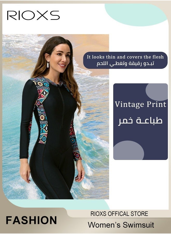 RIOXS - Womens One Piece Swimsuit, Long Sleeve Rash Guard UV Protection Swimwear, Printed Bathing Suits For Women,Tummy Control Zip Front Wetsuit,Ladies Swimming Costume Set,Woman Surfing Swimwear - Image 1