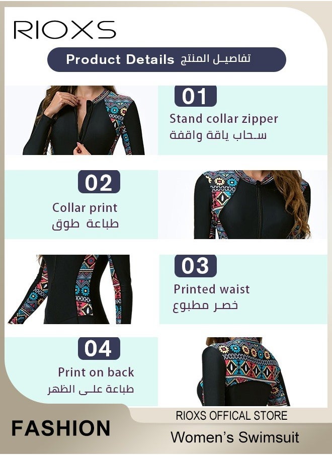 RIOXS - Womens One Piece Swimsuit, Long Sleeve Rash Guard UV Protection Swimwear, Printed Bathing Suits For Women,Tummy Control Zip Front Wetsuit,Ladies Swimming Costume Set,Woman Surfing Swimwear - Image 1