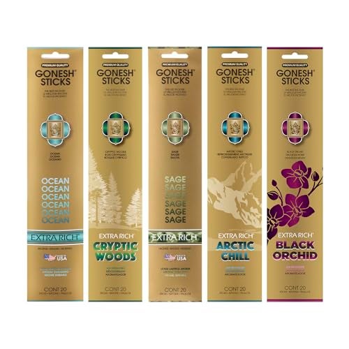 Gonesh - Extra Rich Scented Incense Sticks Variety Pack - Non-Toxic 10” Slow Burn Aromatic Sticks - Ocean, Cryptic Woods, Sage, Arctic Chill, Black Orchid - 5 Packs of 20 - Image 1