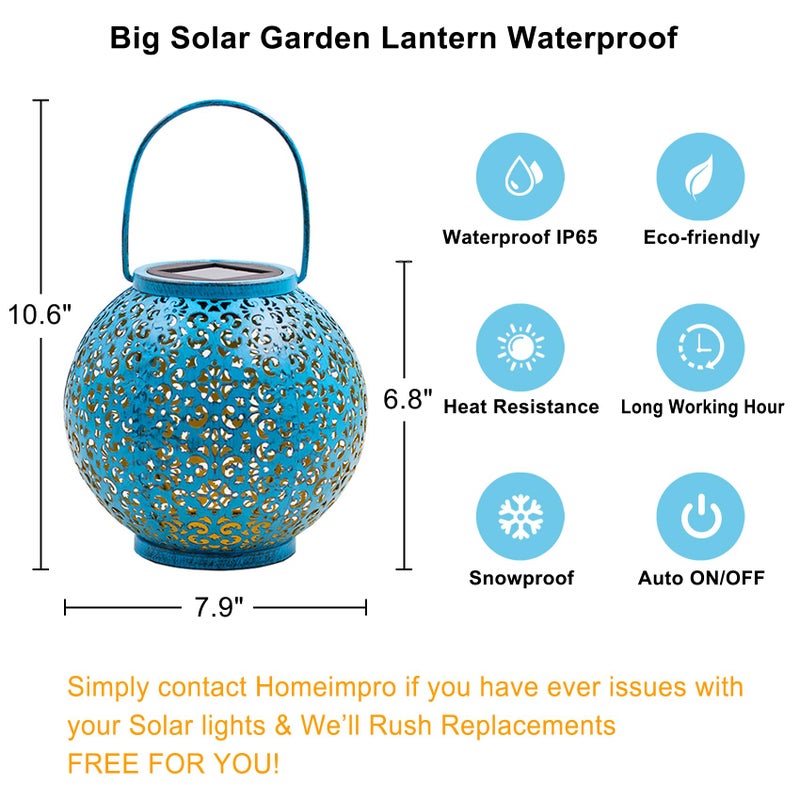 Homeimpro Solar Big Lanterns Outdoor Waterproof Garden Gifts Mom, Metal Table Lights for Patio, Yard Art, Mothers Day Bithday Gifts for Women Men(1Pack, Teal Blue) - Image 4