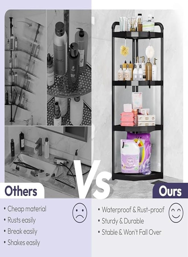 4 - Tier  Corner Shelf - Corner Shower Caddy Standing - Tier Rust Proof Floor Standing Shower Organizer with 4 Hooks, Waterproof Corner Stand Shower Shelf Storage Rack Ideal for Bathroom, Kitchen, Balcony & Living Room - With Free Hooks(Black)  - Image 4