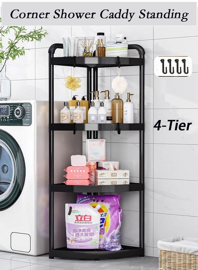4 - Tier  Corner Shelf - Corner Shower Caddy Standing - Tier Rust Proof Floor Standing Shower Organizer with 4 Hooks, Waterproof Corner Stand Shower Shelf Storage Rack Ideal for Bathroom, Kitchen, Balcony & Living Room - With Free Hooks(Black)  - Image 1