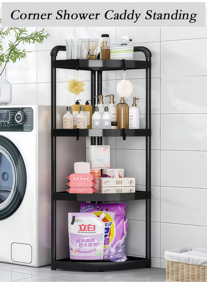 4-Tier Corner Shelf,Corner Shower Caddy Standing,4-Tier Storage Cart,Tier Rust Proof Floor Standing Shower Organizer with 4 Hooks, Waterproof Corner Stand Shower Shelf Storage Rack Ideal for Bathroom, Kitchen, Balcony & Living Room - With Free Hooks(Black) - Image 1