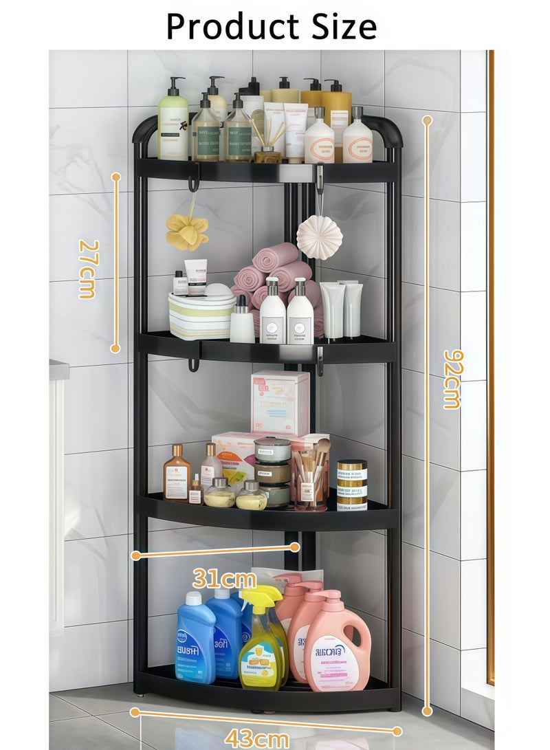 4-Tier Corner Shelf,Corner Shower Caddy Standing,4-Tier Storage Cart,Tier Rust Proof Floor Standing Shower Organizer with 4 Hooks, Waterproof Corner Stand Shower Shelf Storage Rack Ideal for Bathroom, Kitchen, Balcony & Living Room - With Free Hooks(Black) - Image 2