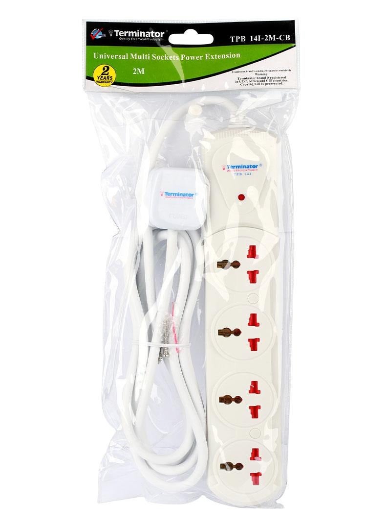 Terminator 4 Way Universal Power Extension Socket With Indicator 1.00mm2 Wire Off White Body 2M Cable 13A Plug - Image 1