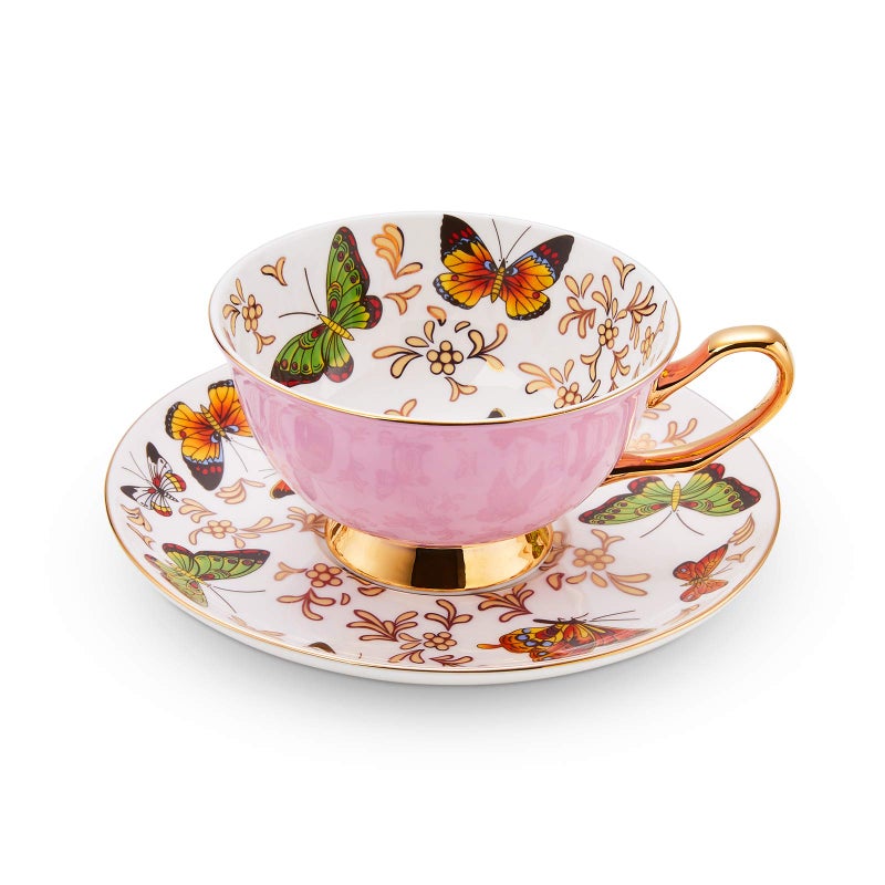 LURRIER Coffee Cup Mug with Saucer for Latte Cappuccino Tea with Butterflies 68 Oz Fine Bone China Dishwasher Safe Reactive Glaze 1 Pcs Pink