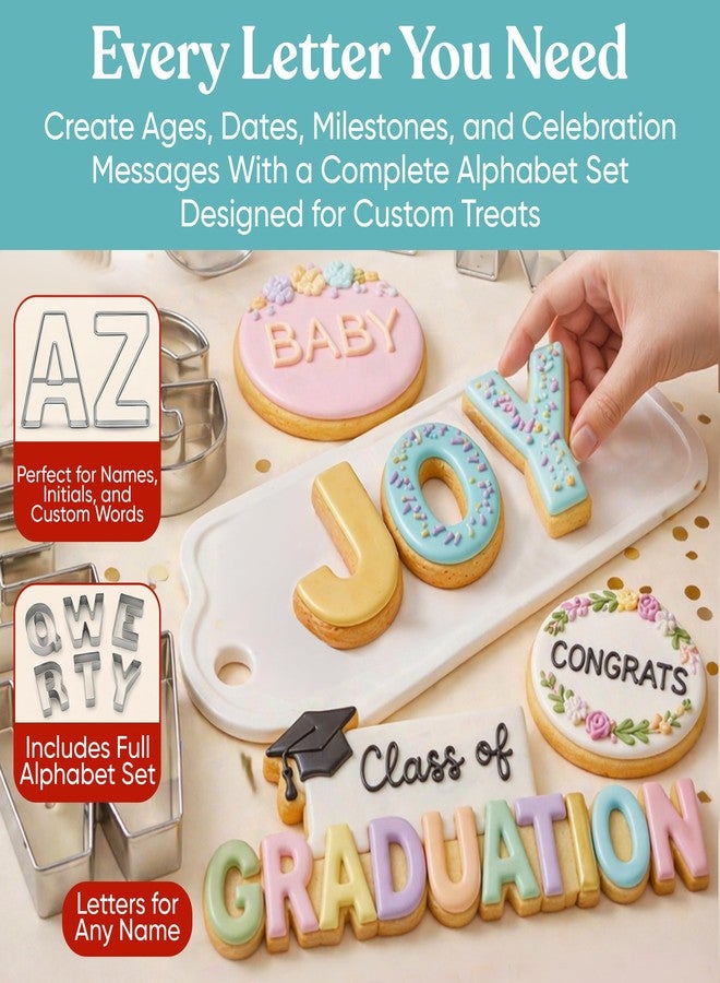 Bakerpan Stainless Steel Alphabet Cookie Cutter Set, Big 3.5 Inch English Letters, 26 Large ABC Cookie Cutters, with Bonus Dough Cutter - Image 4