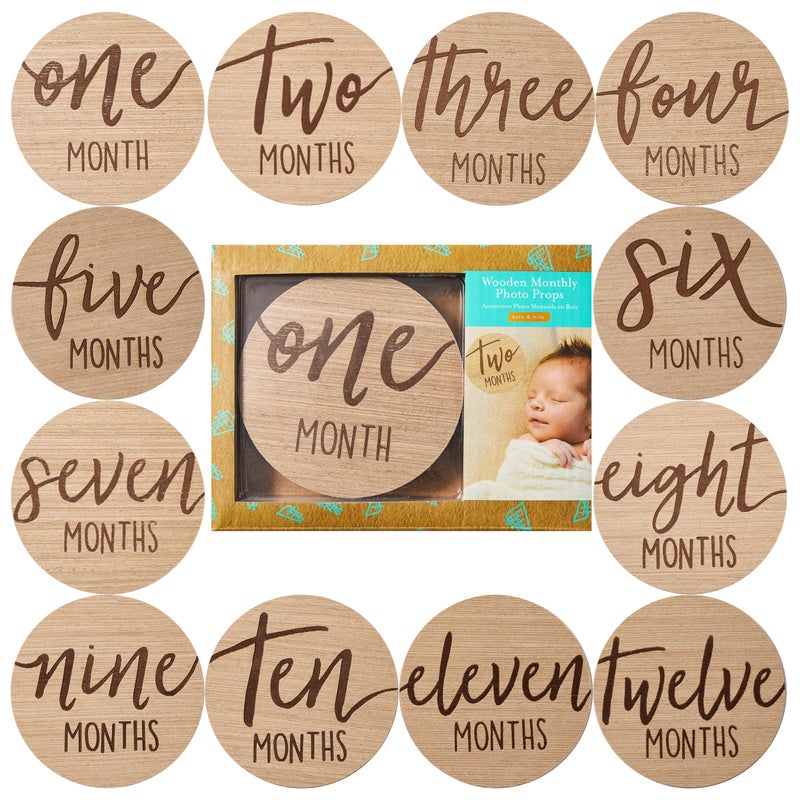 Kate & Milo Baby Monthly Milestone Marker Discs - Classic Cursive Script Wooden Discs with Reversible Photo Props for Baby Announcement and Milestones, Gender-Neutral Gift for Newborn Boy and Girl - Image 1