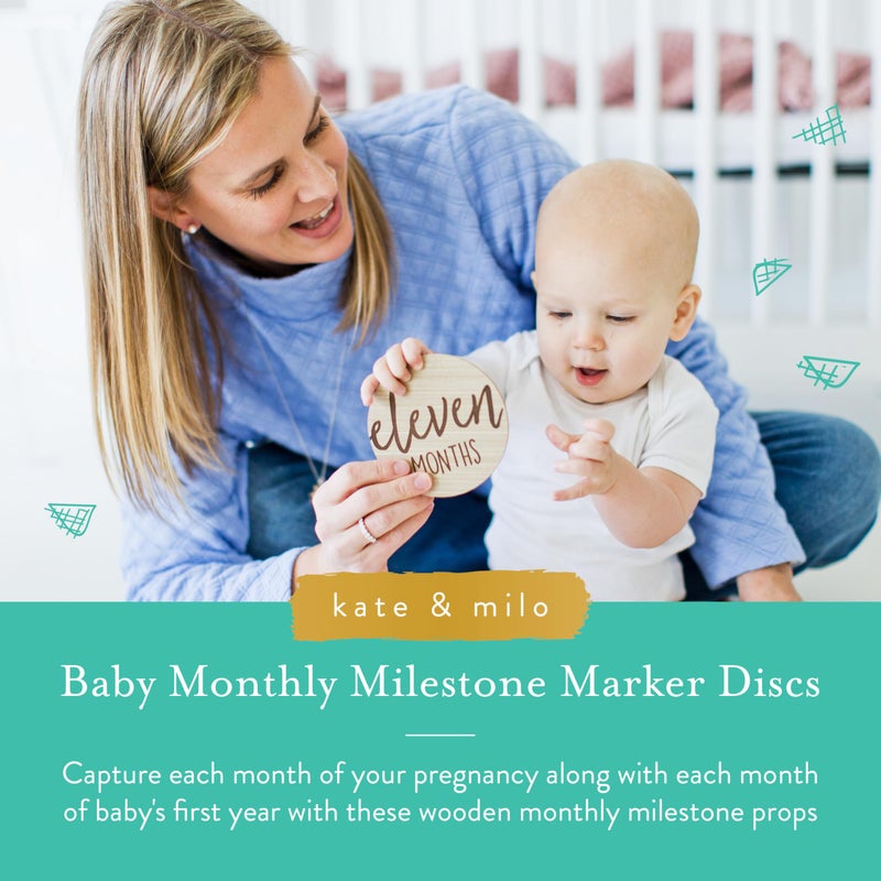Kate & Milo Baby Monthly Milestone Marker Discs - Classic Cursive Script Wooden Discs with Reversible Photo Props for Baby Announcement and Milestones, Gender-Neutral Gift for Newborn Boy and Girl - Image 3