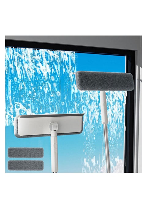 Window Floor Mop, Telecopic Window Cleaning Mop with Squeegee, Flat Mop with Handle, Dry and Wet Use Long Handle Mop with Adjustable Mop Head for Floor Wall Window Ceiling Cleaning