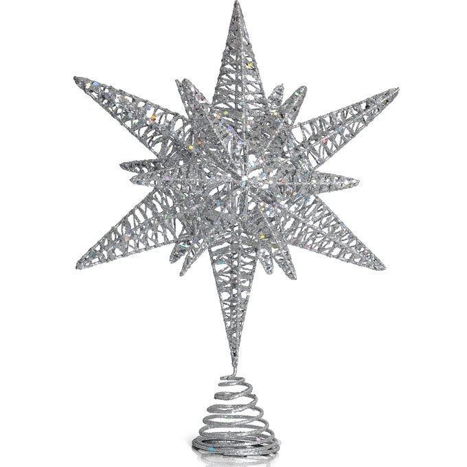 Silver Star Tree Topper Christmas Silver 3D Glitter Star Toppers Ornament Treetop Xmas Trees Top Decoration Holiday Decor 16
