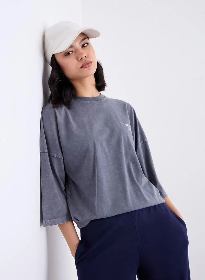 Styli Charcoal Oversized Graphic Acid Wash T-Shirt