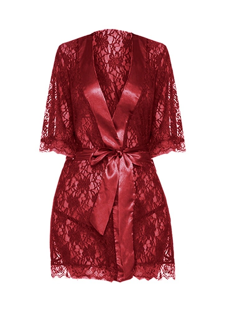 MARGOUN Womens XL Size Robes Babydoll Robe Transparent Lace Deep V-Neck Short Lingerie Sleepwear Soft Kimono Bathrobe Dressing Gown Nightwear Red /XL(bust 92-96/waist 76-80/hip 100-104)  - Image 1