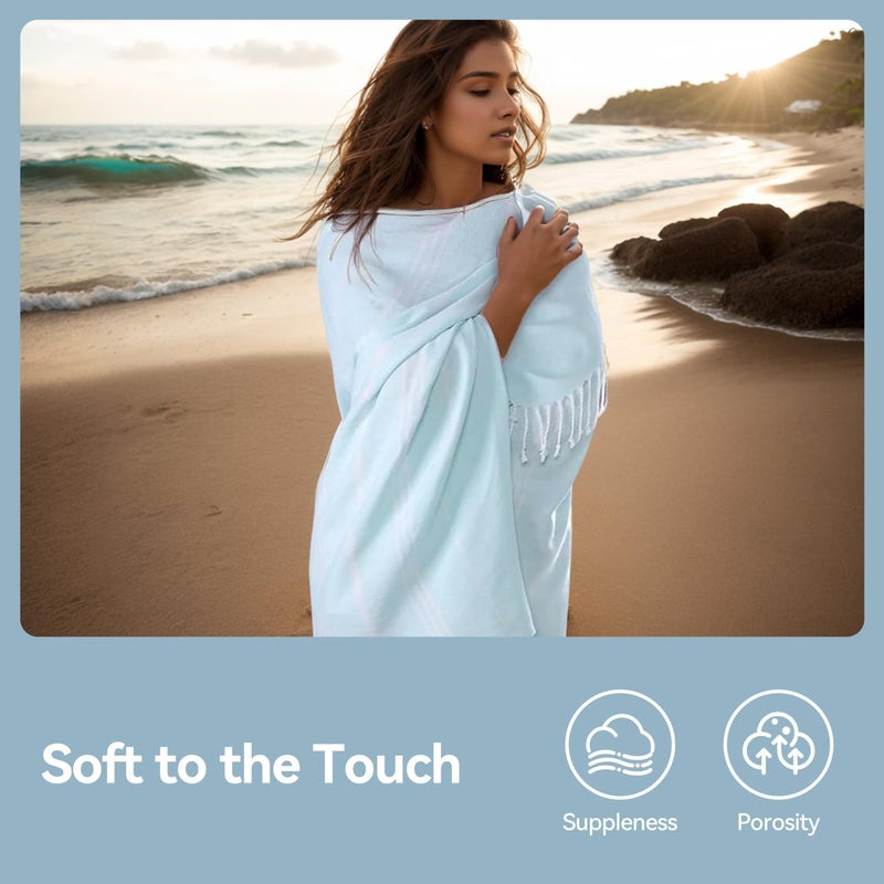 Cotton Beach Towel 180x90cm - Lightweight Quick Dry Oversized Towel for Beach, Bath, Pool, Gym, Yoga (Light Blue) - Image 2