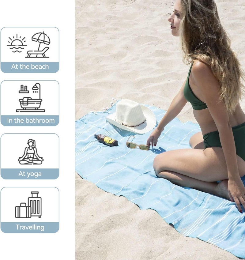 Cotton Beach Towel 180x90cm - Lightweight Quick Dry Oversized Towel for Beach, Bath, Pool, Gym, Yoga (Light Blue) - Image 4