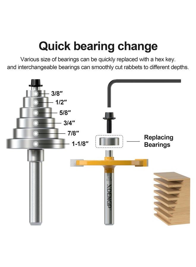 XDENGP Rabbet Router Bit Set 1/4 Shank, Rabbeting Router Bits 1pcs with 6 Bearings for Interchangeable and Adjustable Multi Depths Cutter 1/8", 1/4", 5/16", 3/8", 7/16", 1/2" - Image 3