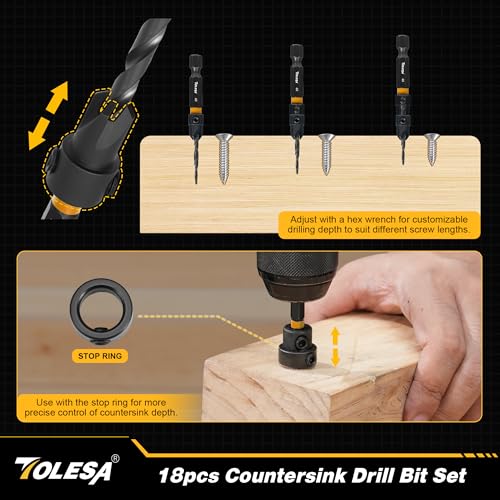 TOLESA Countersink Drill Bit Set, 18 PCS Tapered Counter Sink Drill Bit for Wood with 2PC Wood Plug Cutters, Magnetic Extension Bit Holder, Screwdriver Bits, 1/4" Hex Shank with Storage Box - Image 3