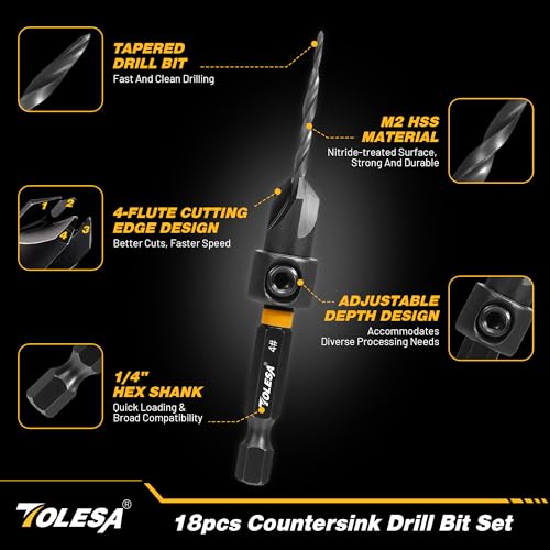 TOLESA Countersink Drill Bit Set, 18 PCS Tapered Counter Sink Drill Bit for Wood with 2PC Wood Plug Cutters, Magnetic Extension Bit Holder, Screwdriver Bits, 1/4" Hex Shank with Storage Box - Image 2