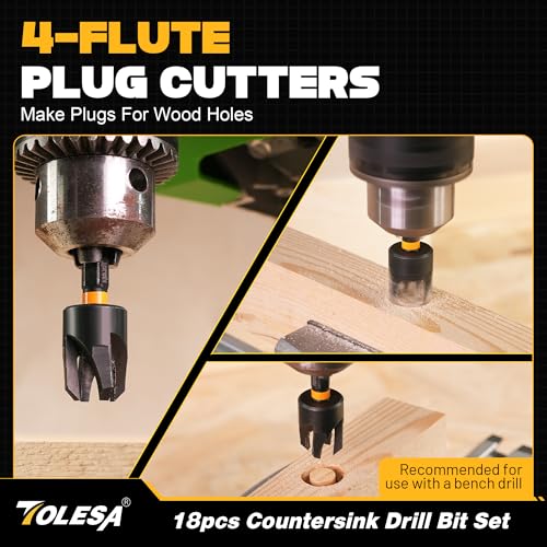 TOLESA Countersink Drill Bit Set, 18 PCS Tapered Counter Sink Drill Bit for Wood with 2PC Wood Plug Cutters, Magnetic Extension Bit Holder, Screwdriver Bits, 1/4" Hex Shank with Storage Box - Image 5