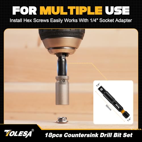 TOLESA Countersink Drill Bit Set, 18 PCS Tapered Counter Sink Drill Bit for Wood with 2PC Wood Plug Cutters, Magnetic Extension Bit Holder, Screwdriver Bits, 1/4" Hex Shank with Storage Box - Image 4