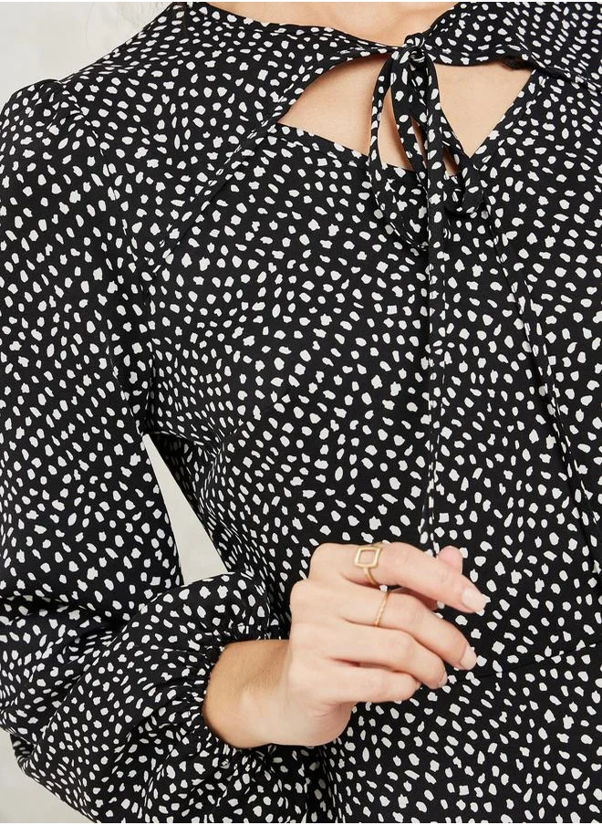 Styli Ditsy Print Tie-Up Neck Knee Length Dress