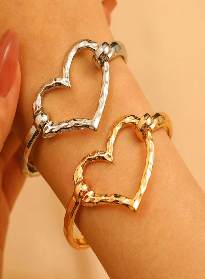 TACBSP Chunky Cross Heart Cuff Bracelet for Women Gold Heart Cross Bangle Bracelet Irregular Handmade Hammered Unique Design Trendy Statement Jewelry Gifts(Heart Gold) - Image 4