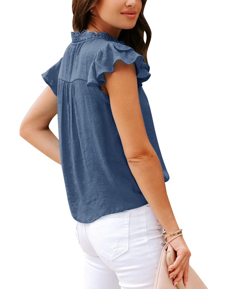 PRETTODAY Women's V Neck Lace Crochet Shirts Button Down Short Sleeve Casual Blouse Tops A-Navy - Image 3